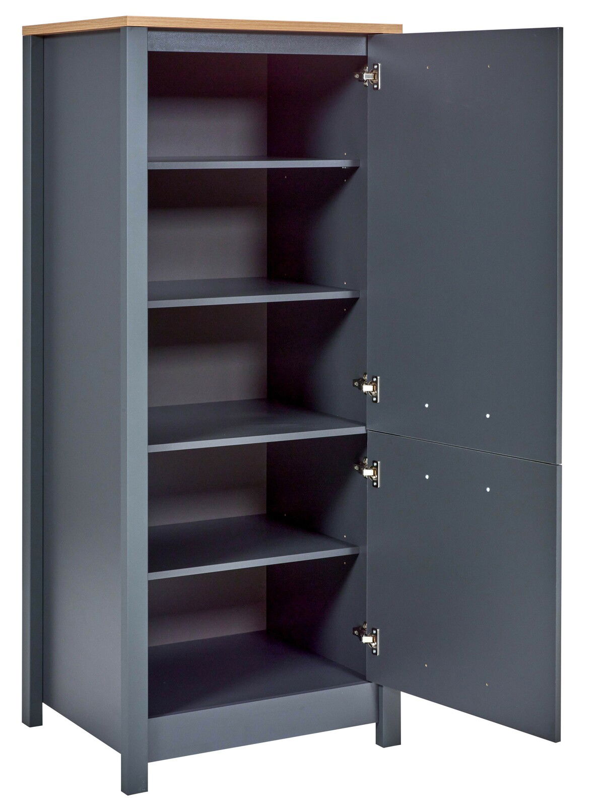 Grauer Vorratsschrank mit Holztop, geöffnete Tür, seitliche Perspektive