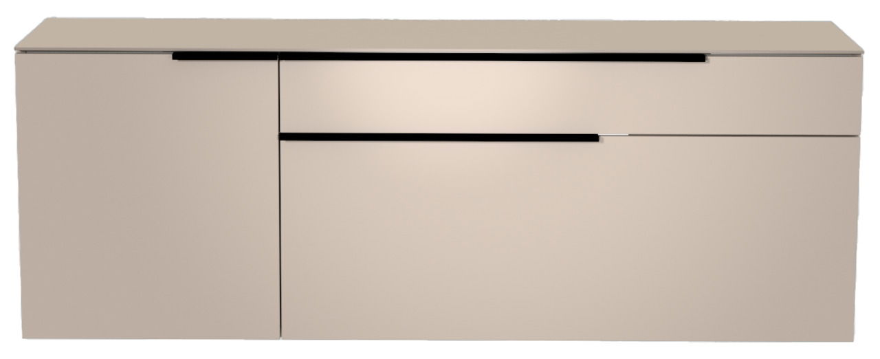 Moderano Hänge-Lowboard BORMIO Frontansicht eines modernen, beige Hänge-Lowboards mit schwarzen Griffen.