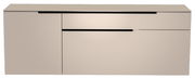 Frontansicht eines modernen, beige Hänge-Lowboards mit schwarzen Griffen.