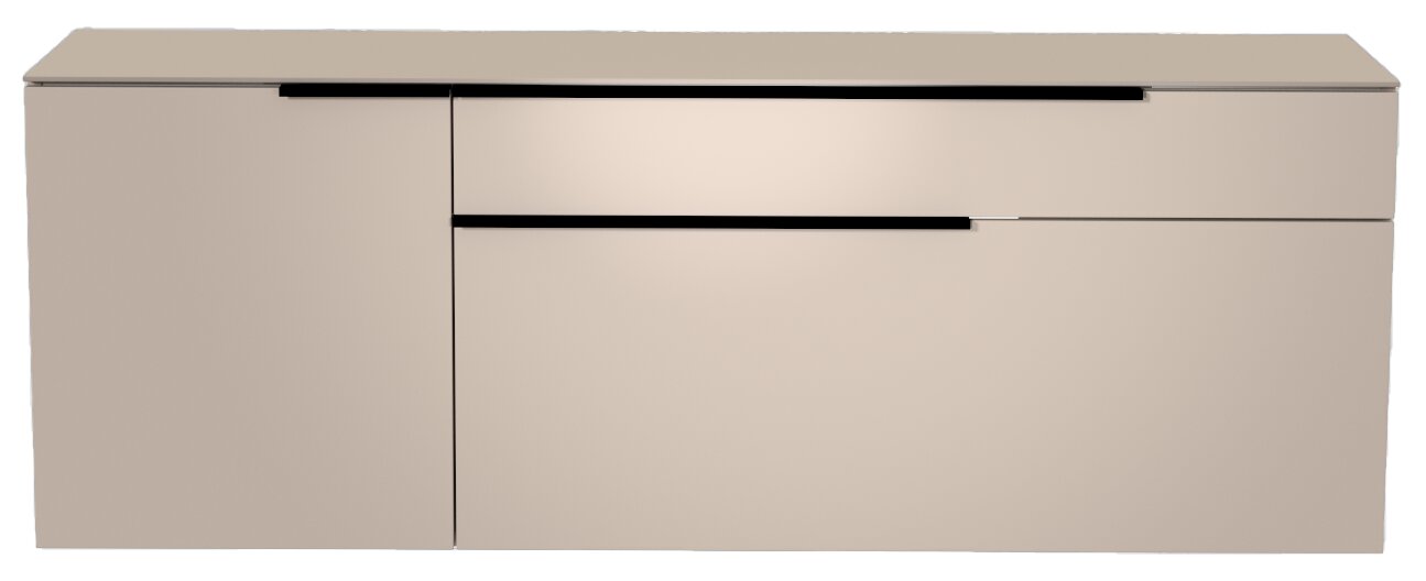 Moderano Hänge-Lowboard BORMIO Frontansicht eines modernen, beige Hänge-Lowboards mit schwarzen Griffen.