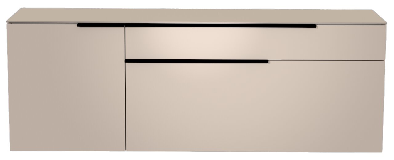 Frontansicht eines modernen, beige Hänge-Lowboards mit schwarzen Griffen.