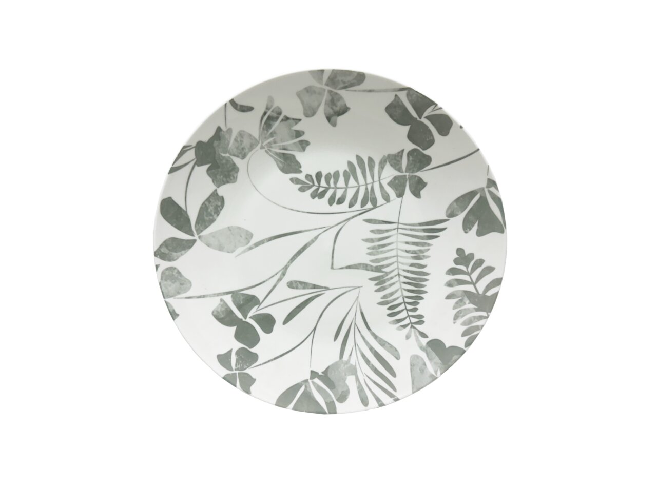 Teller mit grauem Blattmuster, Draufsicht