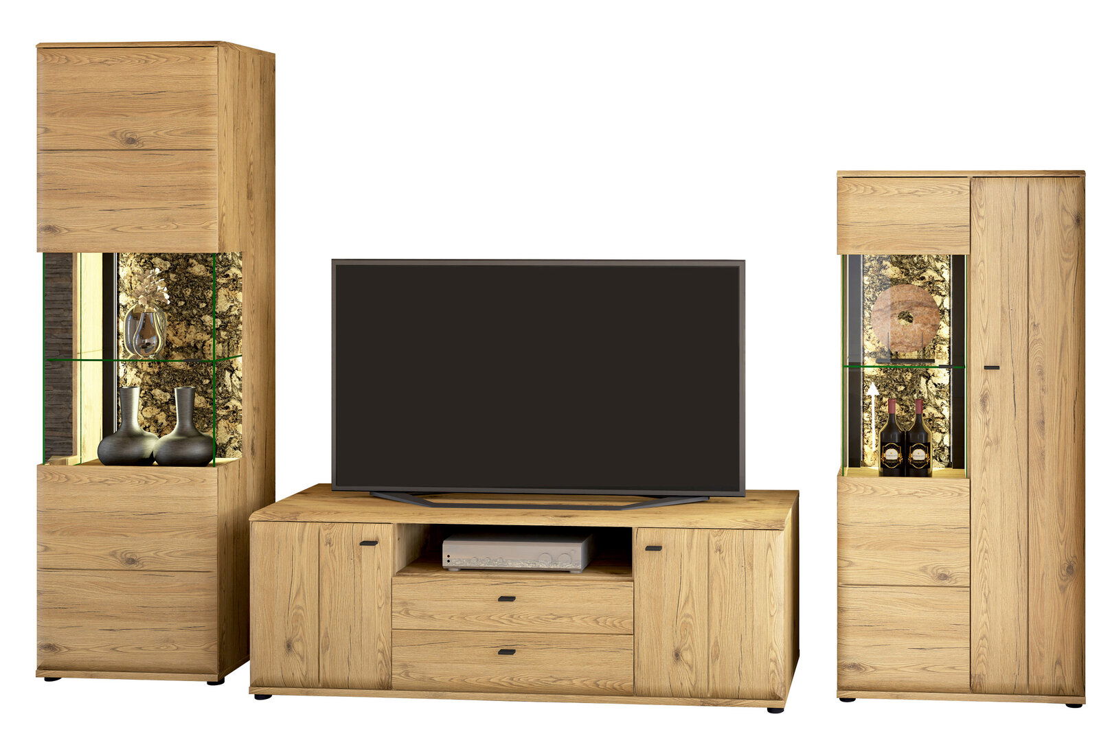 Cantus Wandkombination CALMERA Wohnwand-Set in Eichenholz-Optik mit TV-Lowboard und zwei Vitrinenschränken mit Glasböden und Beleuchtung, frontale Ansicht