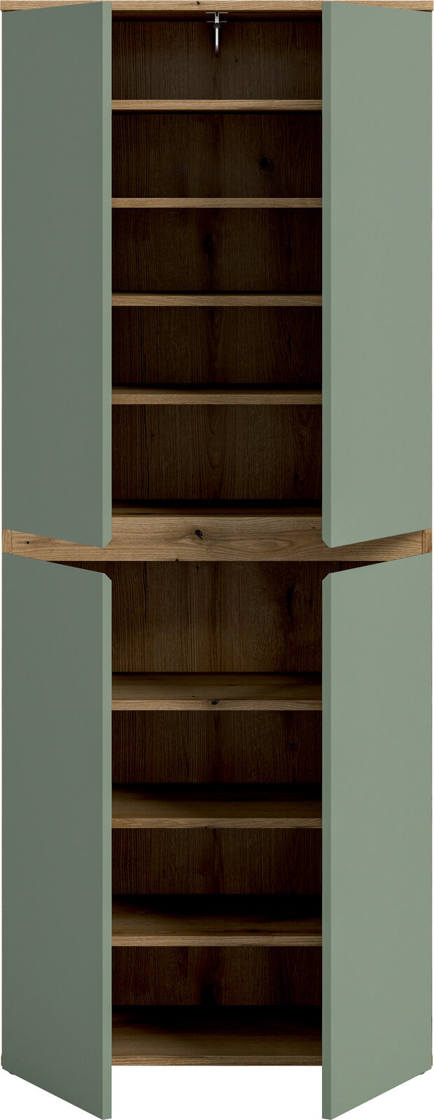 Geöffneter hoher Holzschrank mit zwei Fächern, mehreren Einlegeböden und salbeigrünen Türen, Frontansicht