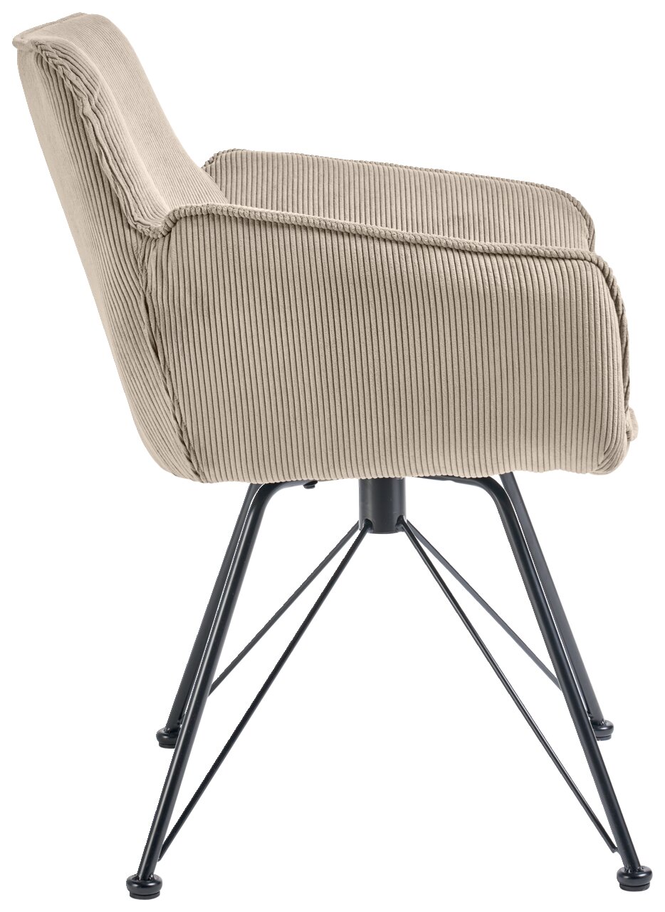 Seitenansicht eines Armlehnstuhls mit beigem Stoffbezug und schwarzen Metallbeinen, Modell SET ONE FRISCO von Musterring.