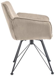 Seitenansicht eines Armlehnstuhls mit beigem Stoffbezug und schwarzen Metallbeinen, Modell SET ONE FRISCO von Musterring.