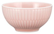Rosa Dipschale aus Keramik mit geriffeltem Design, seitliche Perspektive