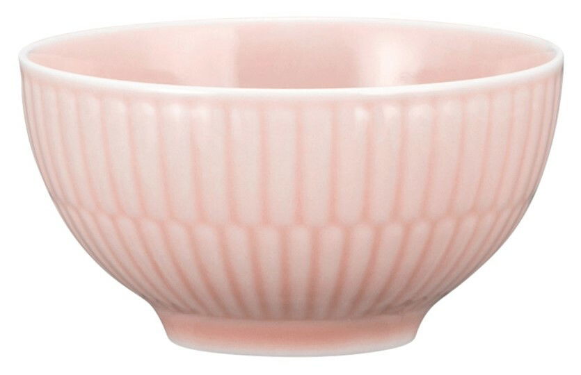 Rosa Dipschale aus Keramik mit geriffeltem Design, seitliche Perspektive