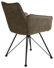 Rückansicht eines Armlehnstuhls mit olivgrünem Stoffbezug und schwarzen Metallbeinen.