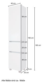 Weißer Hochschrank mit den Maßen 185 cm Höhe, 40 cm Breite und 35 cm Tiefe, seitliche Perspektive