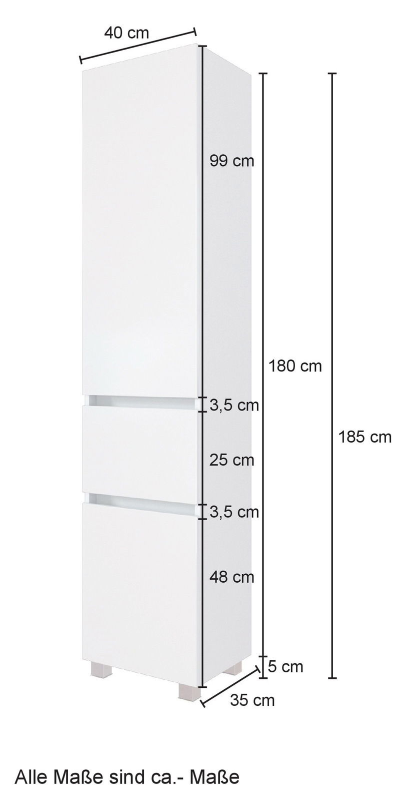 Weißer Hochschrank mit den Maßen 185 cm Höhe, 40 cm Breite und 35 cm Tiefe, seitliche Perspektive