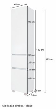 Weißer Hochschrank mit den Maßen 185 cm Höhe, 40 cm Breite und 35 cm Tiefe, seitliche Perspektive