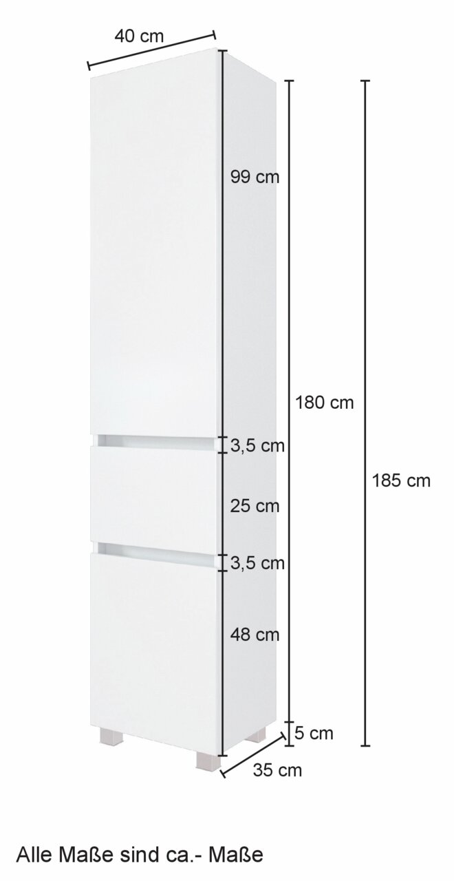 Weißer Hochschrank mit den Maßen 185 cm Höhe, 40 cm Breite und 35 cm Tiefe, seitliche Perspektive