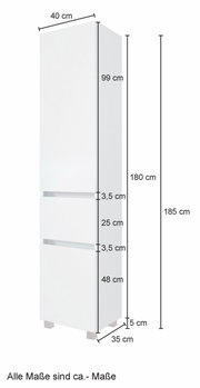 Witte hoge kast met de afmetingen 185 cm hoog, 40 cm breed en 35 cm diep, zijaanzicht