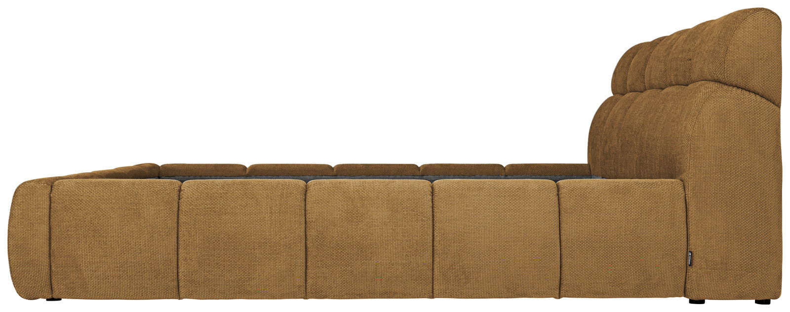 Seitenansicht eines Polsterbettgestells in brauner Farbe mit gepolstertem Kopfteil.