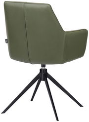 Rückansicht eines grünen Armlehnstuhls mit schwarzem Metallgestell und vier Beinen.