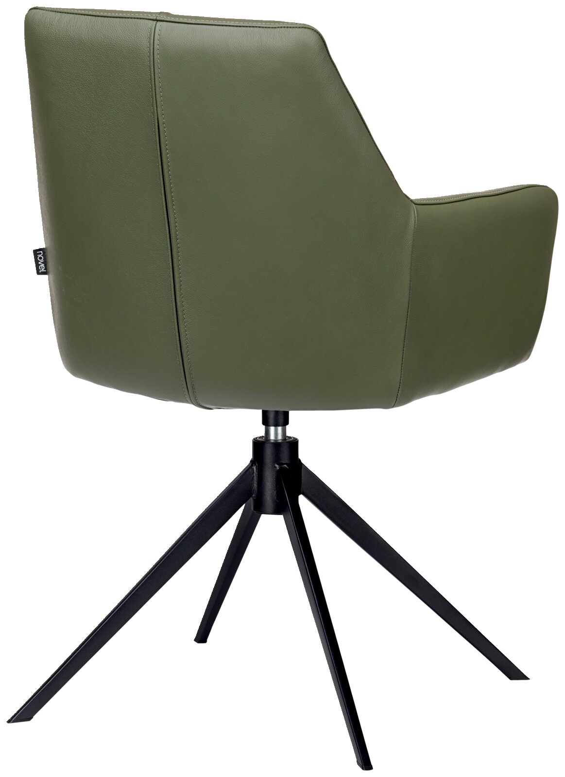 Achterkant van een groene fauteuil met een zwart metalen frame en vier poten.
