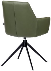 Achterkant van een groene fauteuil met een zwart metalen frame en vier poten.
