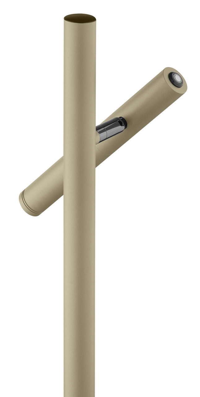 Nahaufnahme einer modernen Akku-Tischleuchte STREAK in beige, seitliche Perspektive mit sichtbarem Schalter.