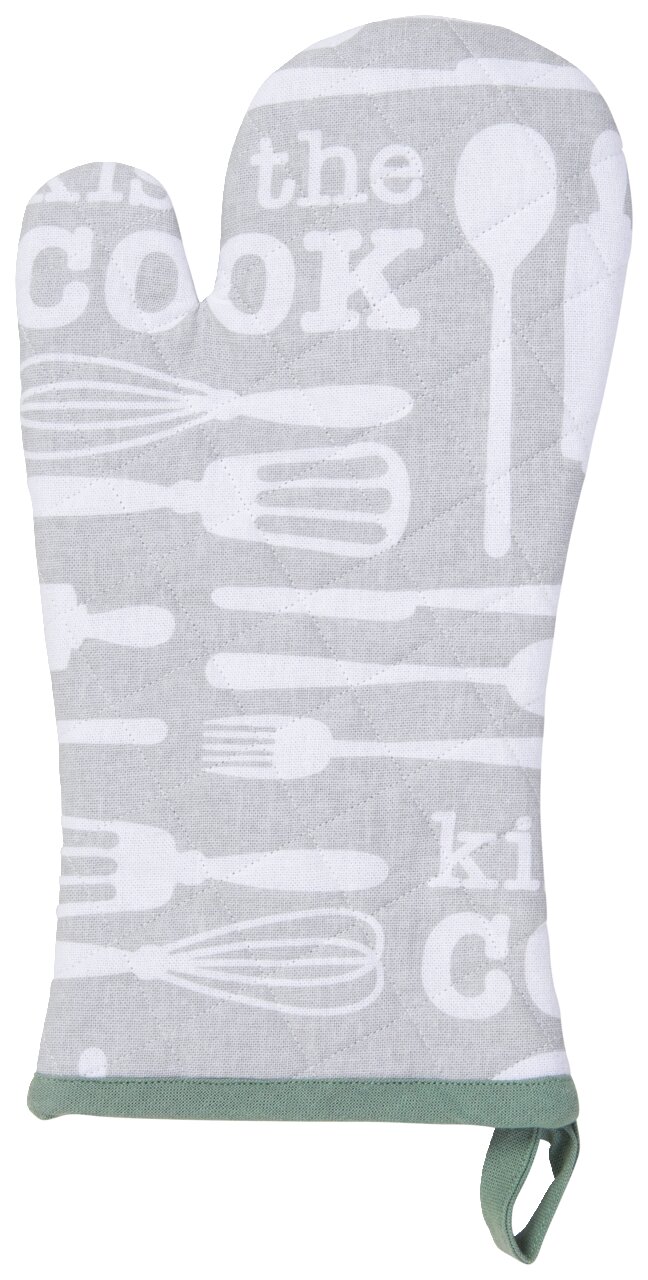 Grijze ovenwant met witte keukengerei en het opschrift 'Kiss the Cook', vooraanzicht
