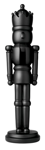 Schwarze dekorative Nussknacker-Figur mit Krone auf rundem Sockel, frontal freigestellt dargestellt