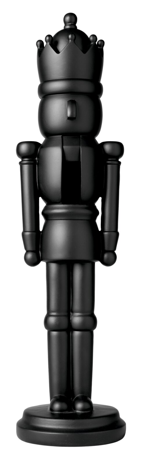 Schwarze dekorative Nussknacker-Figur mit Krone auf rundem Sockel, frontal freigestellt dargestellt