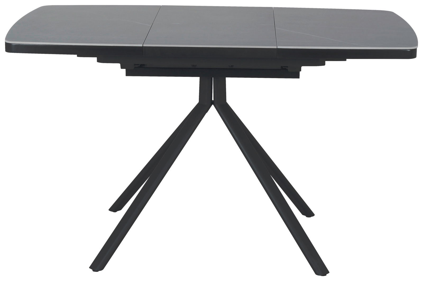 Moderner Esstisch mit schwarzer Tischplatte und vier schrägen Beinen, seitliche Perspektive