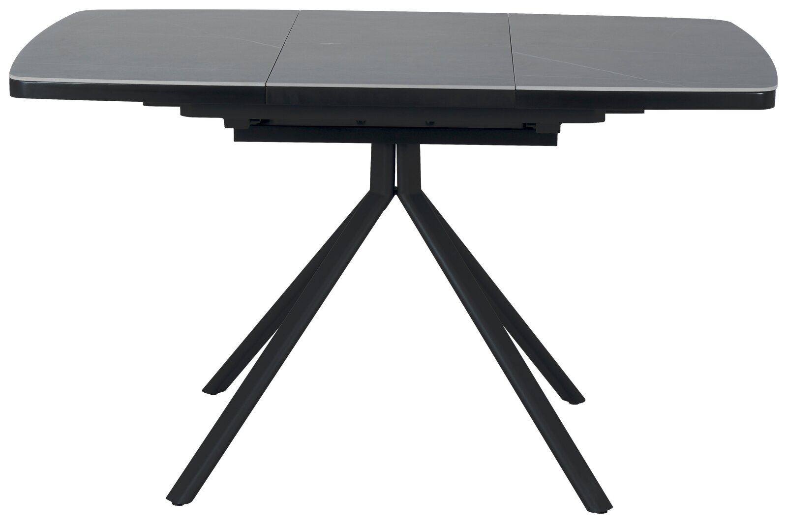 Moderner Esstisch mit schwarzer Tischplatte und vier schrägen Beinen, seitliche Perspektive