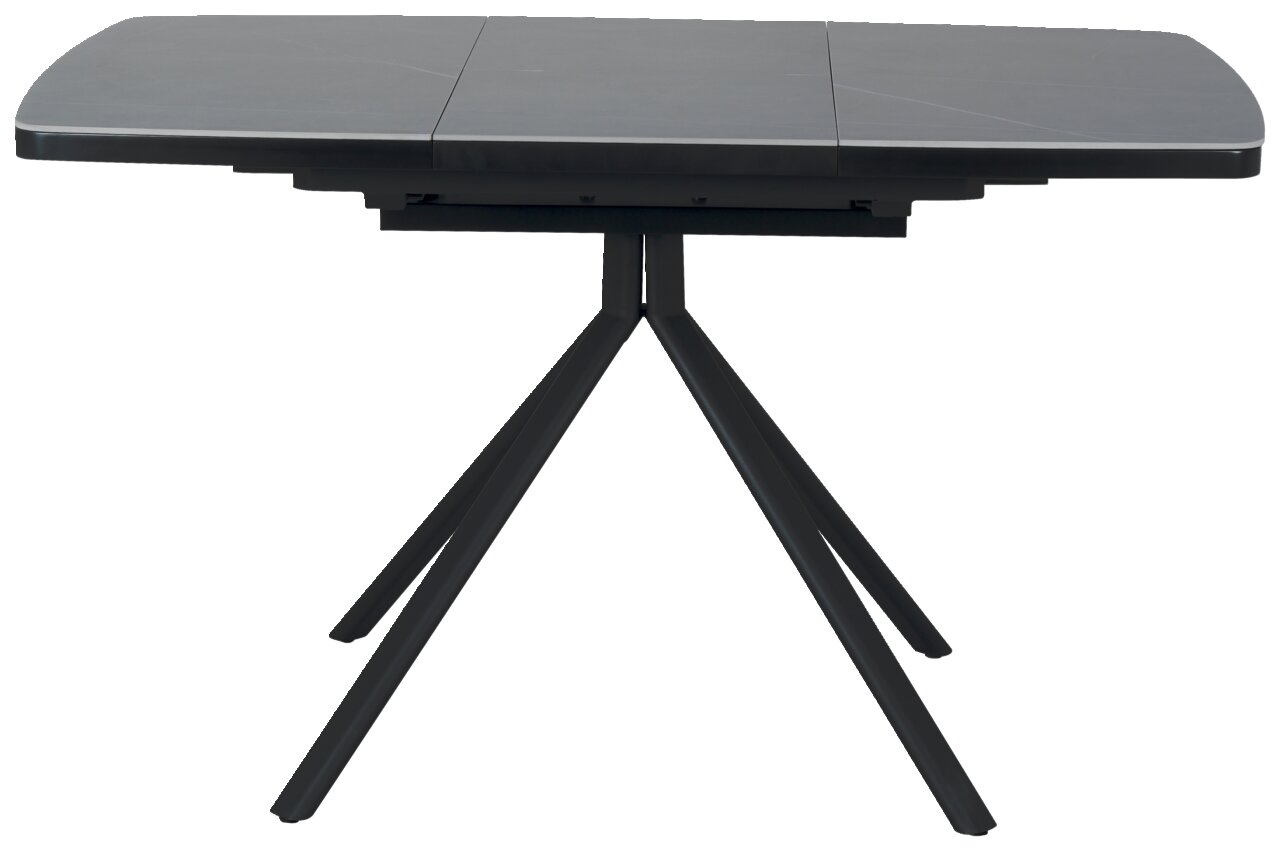 Moderne eettafel met zwart tafelblad en vier schuine poten, zijaanzicht