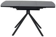 Moderne eettafel met zwart tafelblad en vier schuine poten, zijaanzicht