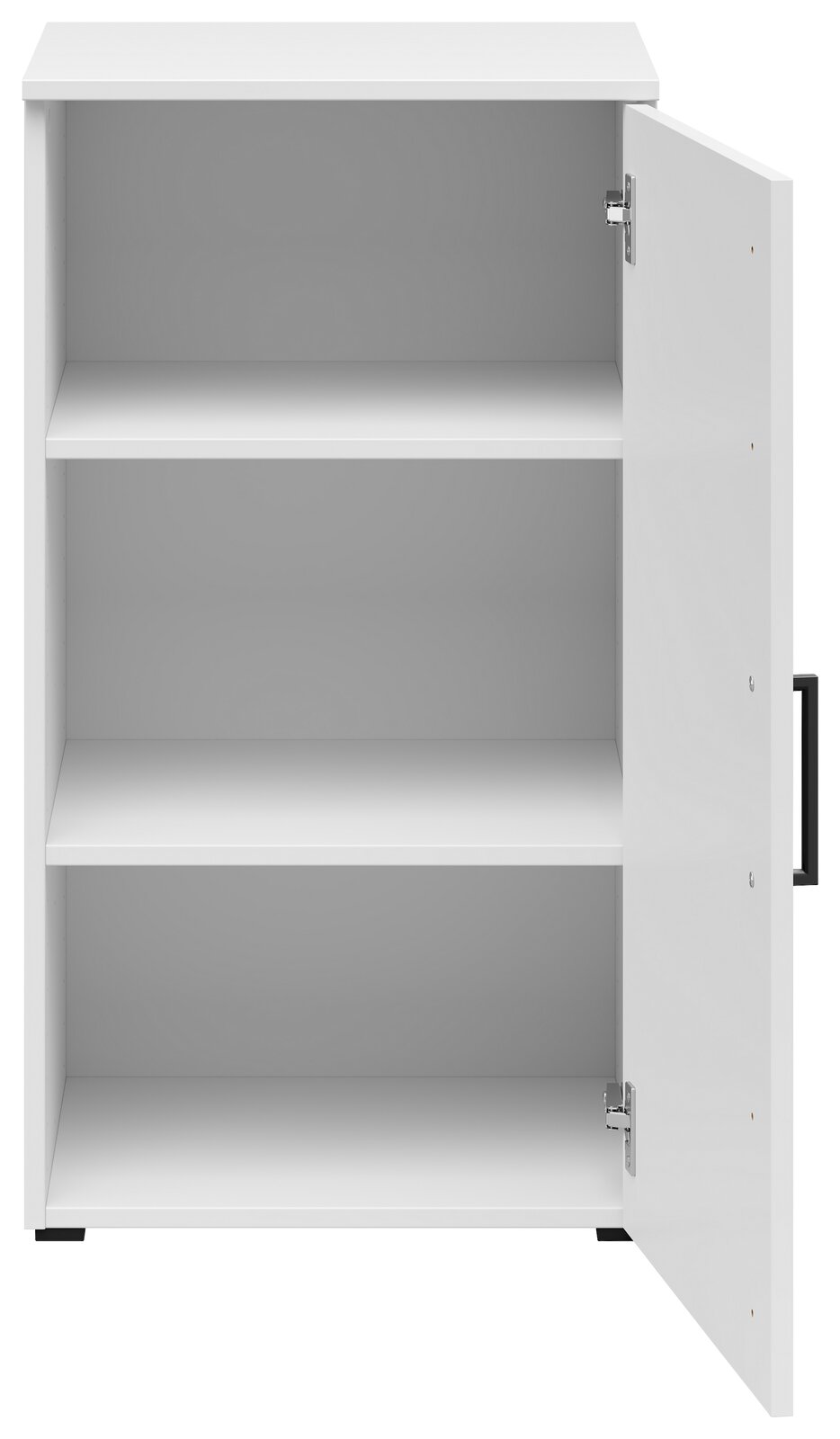 Weiße Kommode mit zwei offenen Regalböden und einer geöffneten Tür, Frontalansicht