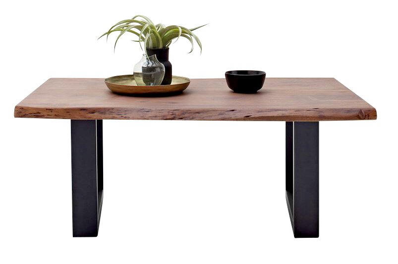 Moderne houten salontafel met metalen poten, versierd met een plant en schalen, vooraanzicht