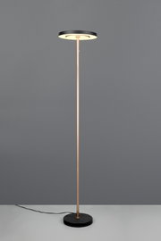 Moderne staande vloerlamp met slanke goudkleurige staander, ronde zwarte voet en schijfvormige lampkop met warm wit licht, frontaal gefotografeerd op grijze achtergrond