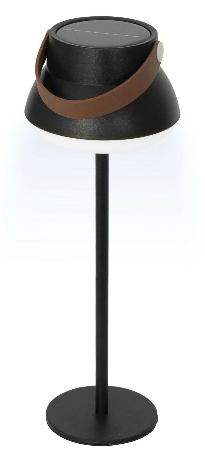 Schwarze Solar Tischlampe mit braunem Tragegriff, seitliche Perspektive