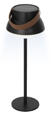 Schwarze Solar Tischlampe mit braunem Tragegriff, seitliche Perspektive
