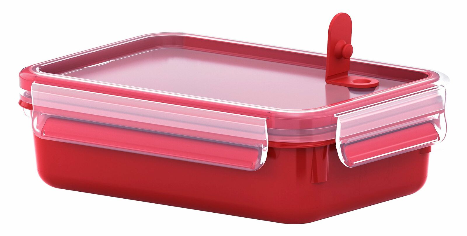 Rote Mikrowellendose mit Clipverschluss, seitliche Perspektive