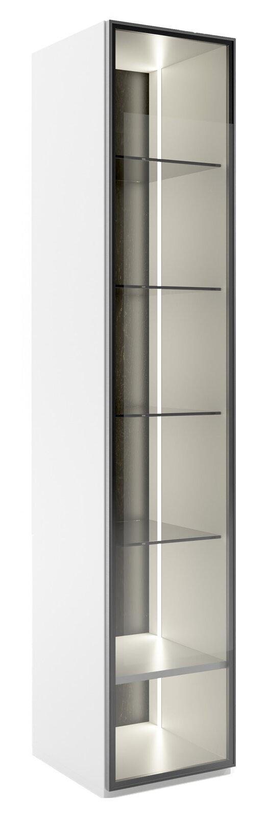 Moderne Vitrinenkombination klein von WK-Wohnen, Modell 420 VIVA, in Weiß mit Glasfront und seitlicher Perspektive.