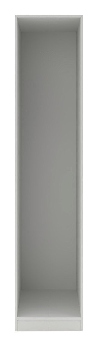 Grauer Kleiderschrank Korpus, frontal betrachtet, ohne Türen oder Regalböden.