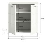 Weiße Kommode mit zwei offenen Türen, drei Fächern und den Maßen 80 cm Breite, 82 cm Höhe und 37 cm Tiefe, frontale Ansicht.