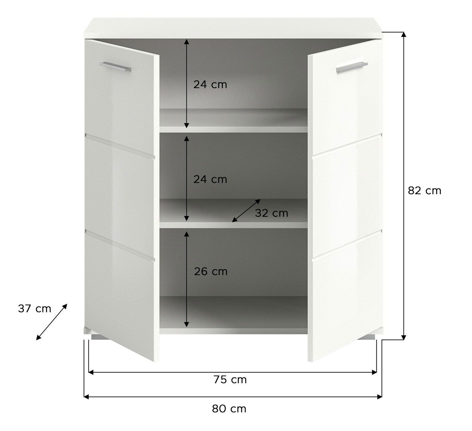 Weiße Kommode mit zwei offenen Türen, drei Fächern und den Maßen 80 cm Breite, 82 cm Höhe und 37 cm Tiefe, frontale Ansicht.