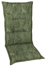 Grüne Sesselauflage mit Blattmuster, frontal fotografiert