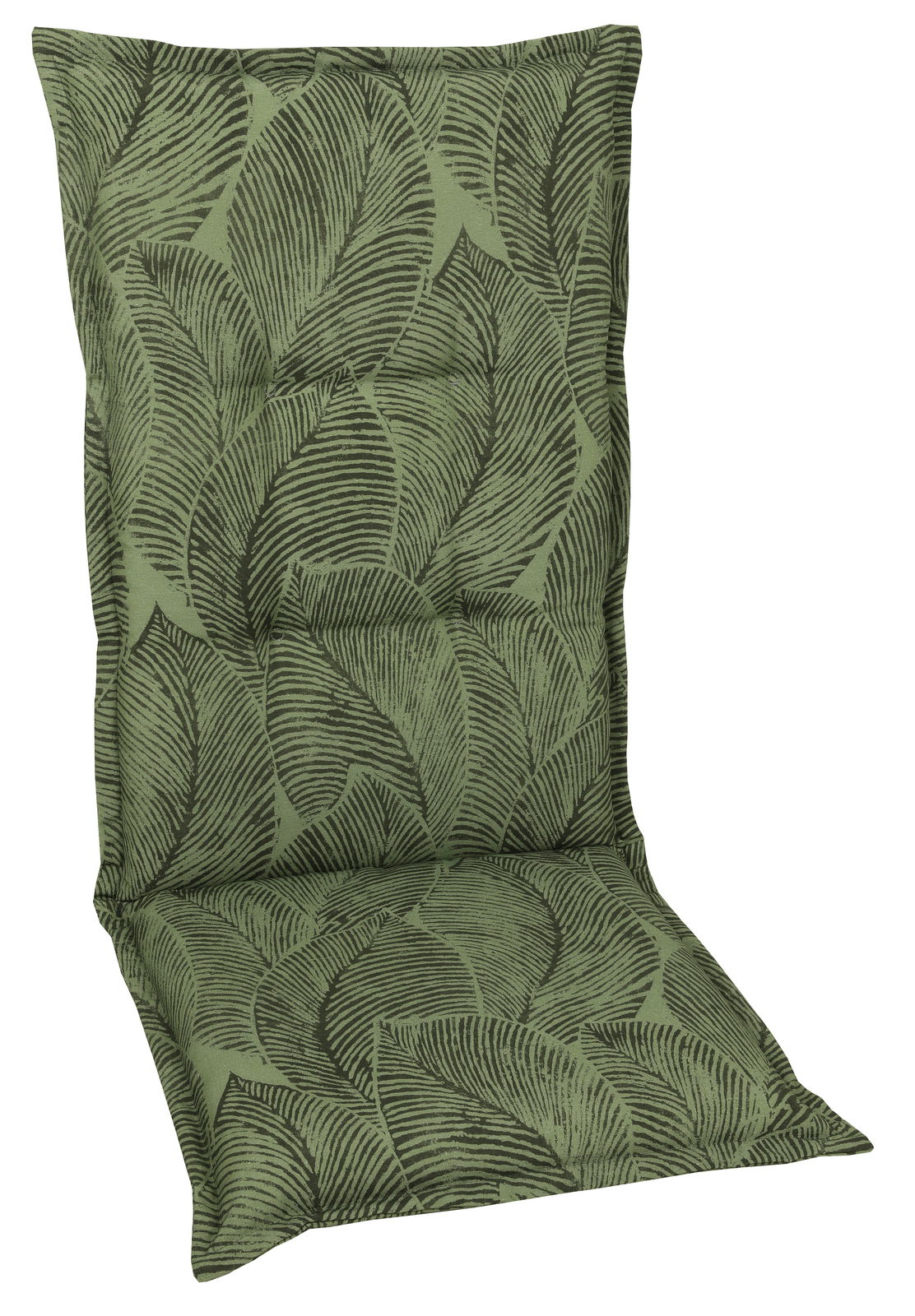 Grüne Sesselauflage mit Blattmuster, frontal fotografiert