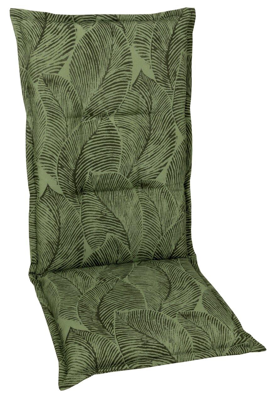 Grüne Sesselauflage mit Blattmuster, frontal fotografiert
