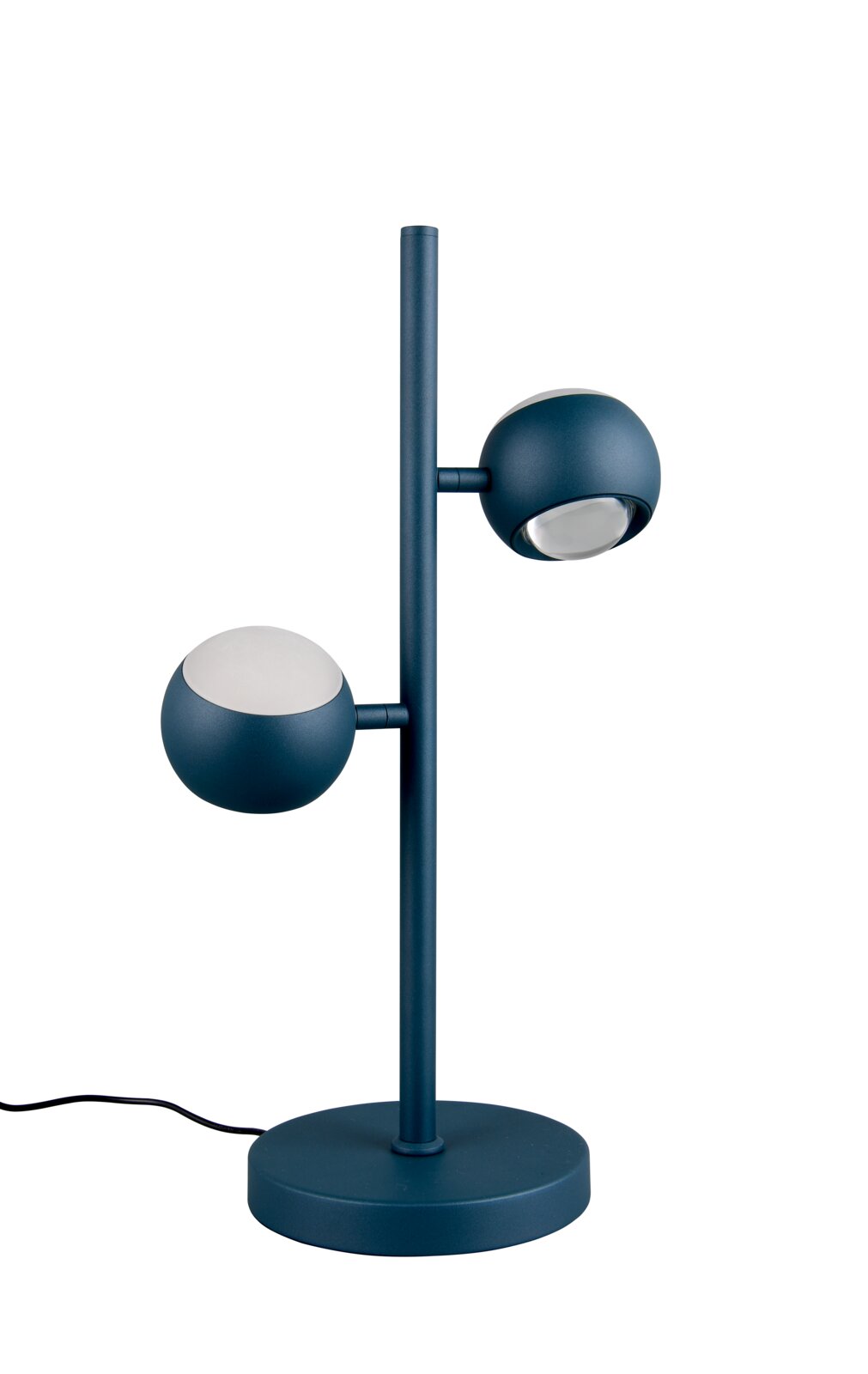 Moderne tafellamp in donkerblauw met ronde voet, verticale staaf en twee bolvormige lampkoppen, zijaanzicht tegen een witte achtergrond