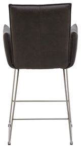 Rückansicht eines Barsessels mit dunkler Polsterung und Metallgestell.