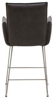 Rückansicht eines Barsessels mit dunkler Polsterung und Metallgestell.