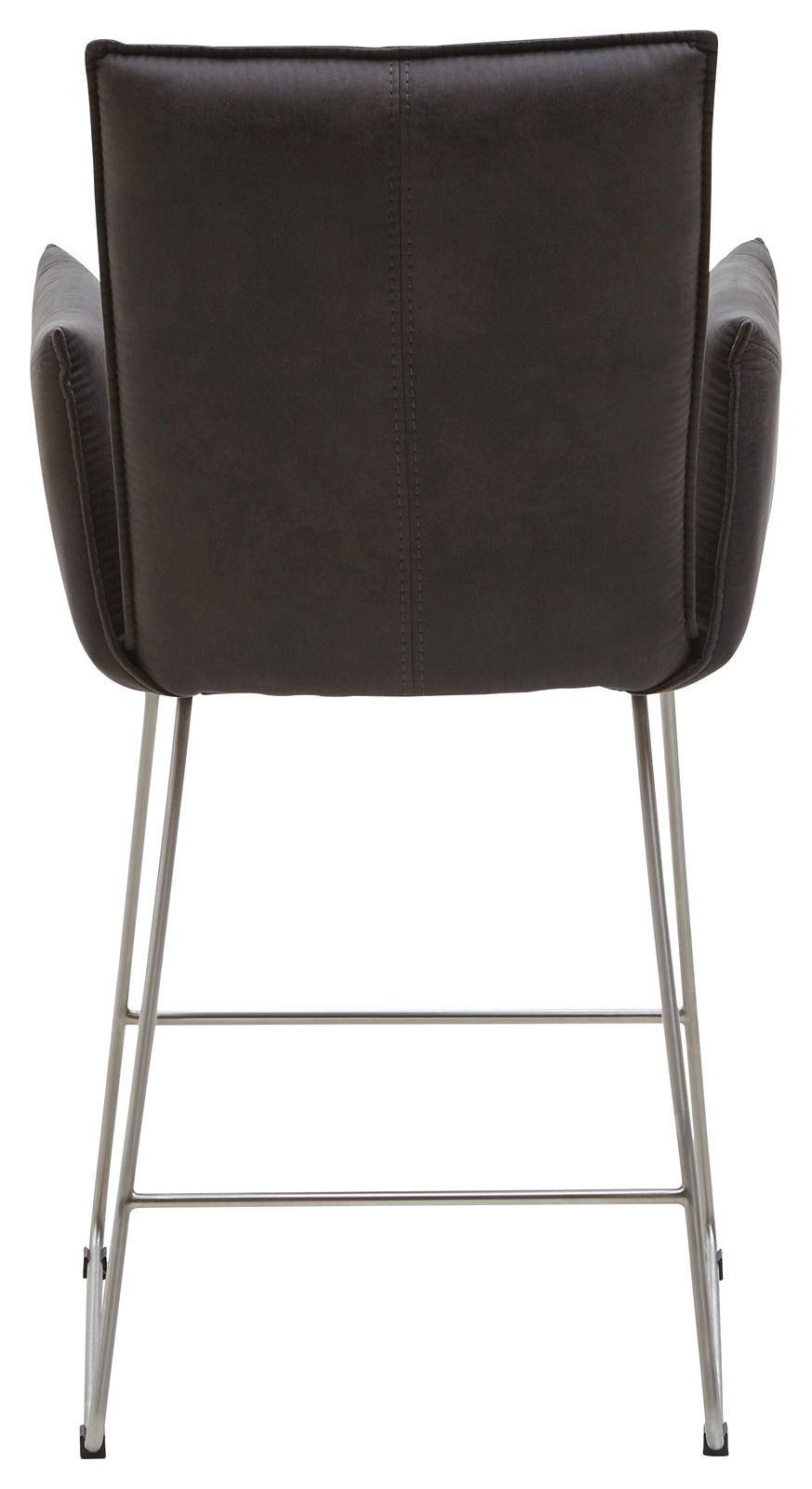 Rückansicht eines Barsessels mit dunkler Polsterung und Metallgestell.