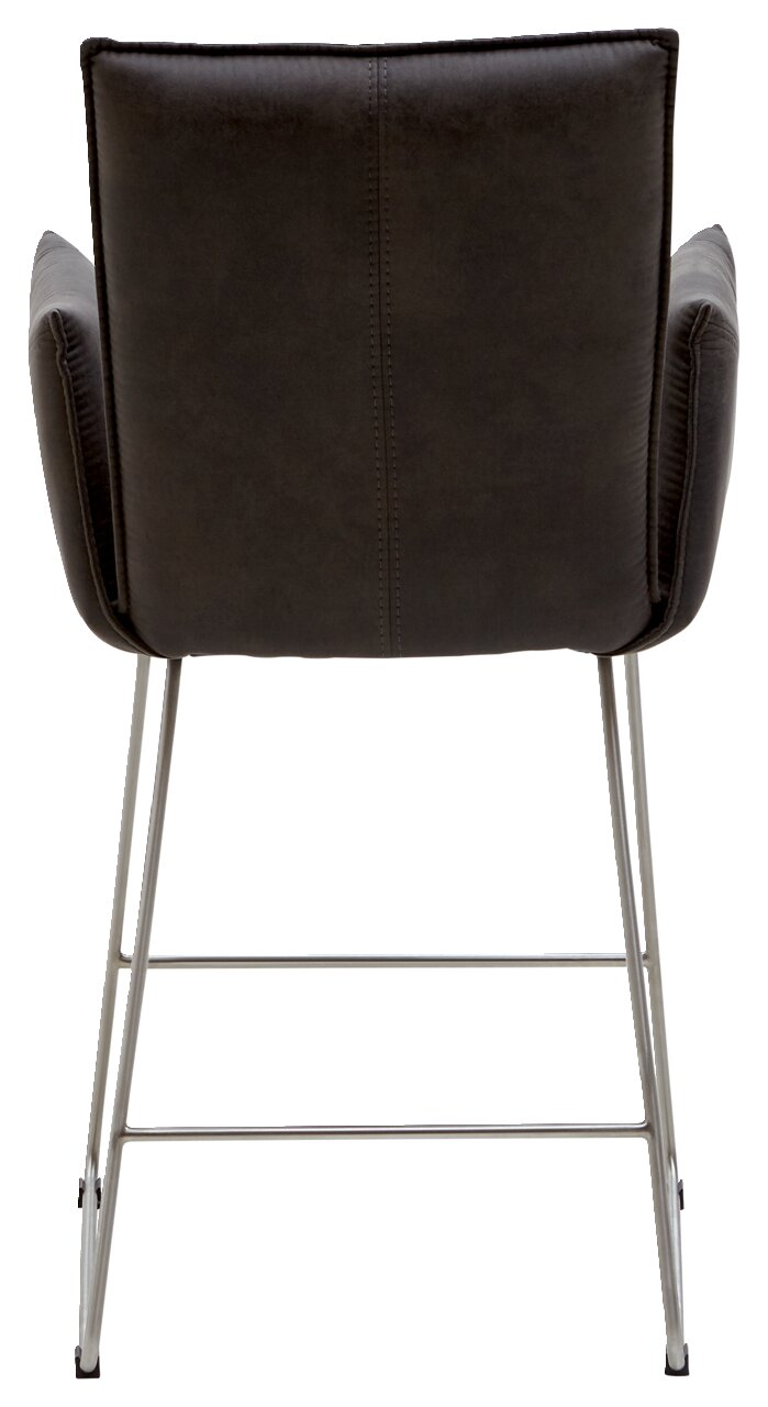 Rückansicht eines Barsessels mit dunkler Polsterung und Metallgestell.