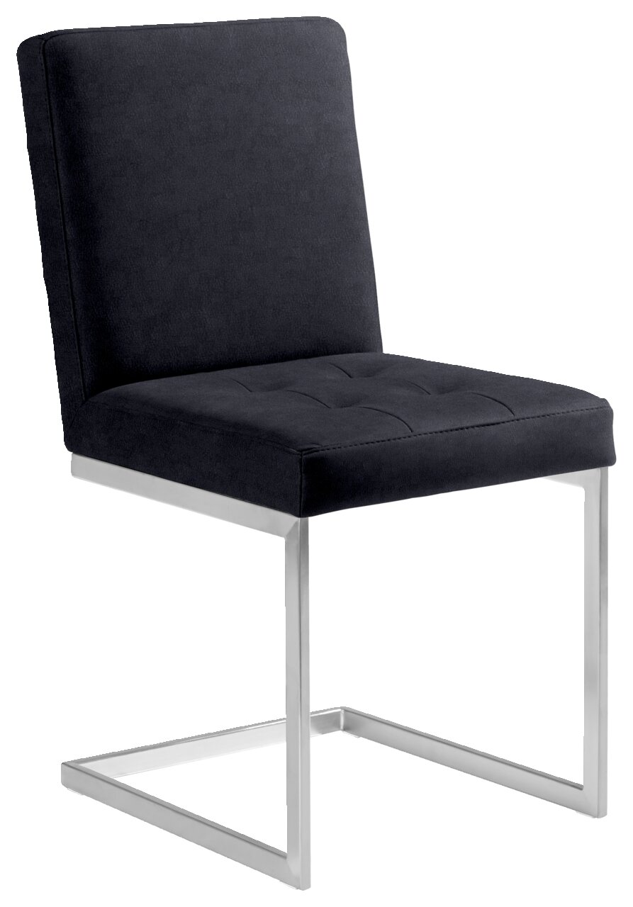 Moderner Freischwinger-Stuhl mit schwarzem Polster und silbernem Metallgestell, seitliche Perspektive