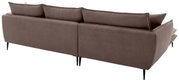 Braunes, gepolstertes 3-Sitzer-Sofa mit Stoffbezug, hohen Rückenkissen und schlanken schwarzen Metallfüßen, Ansicht schräg von hinten